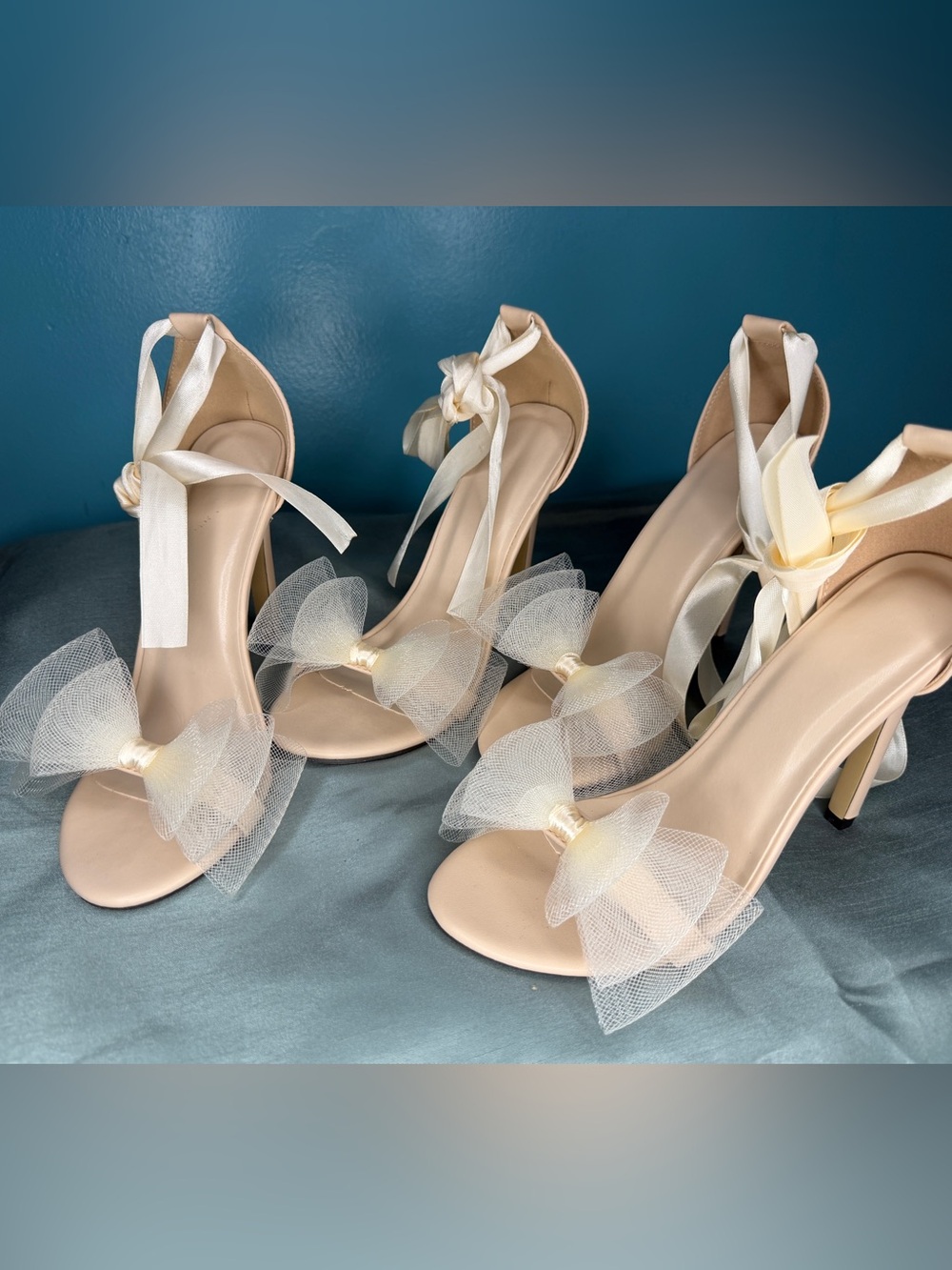 Women's Nude Satin Bow Tie Heeled Sandals